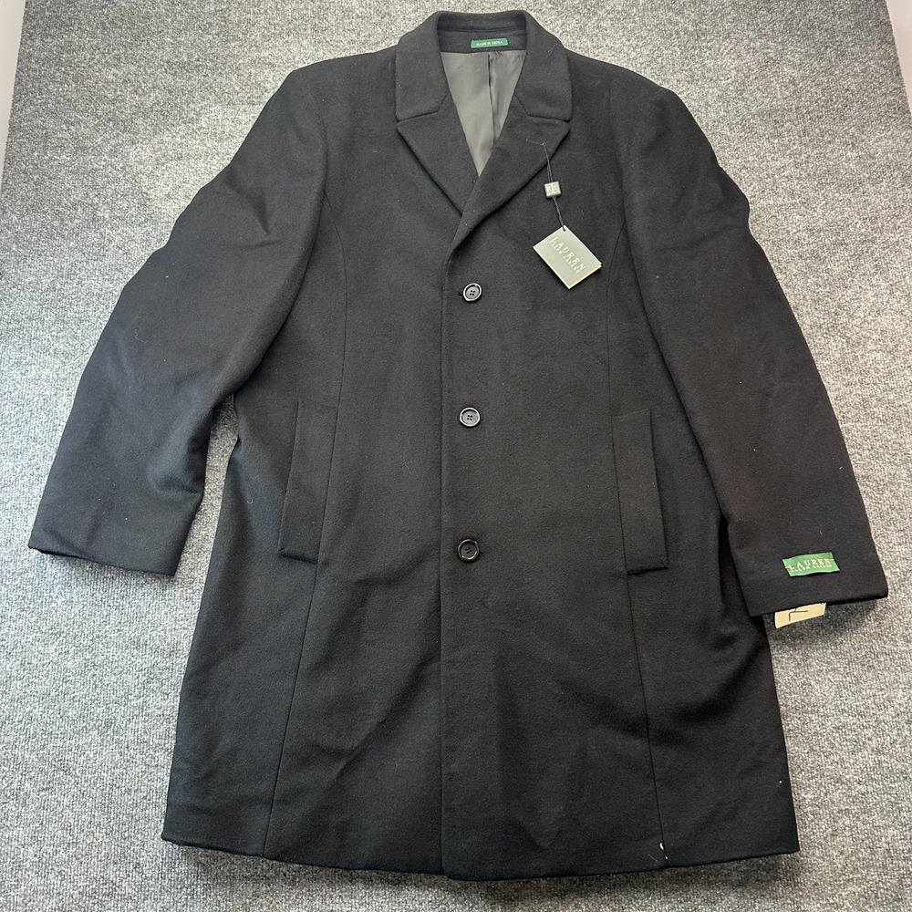 Lauren Ralph Lauren Overcoat Mens 44L Black Wool Blend Long Sleeve Button Front